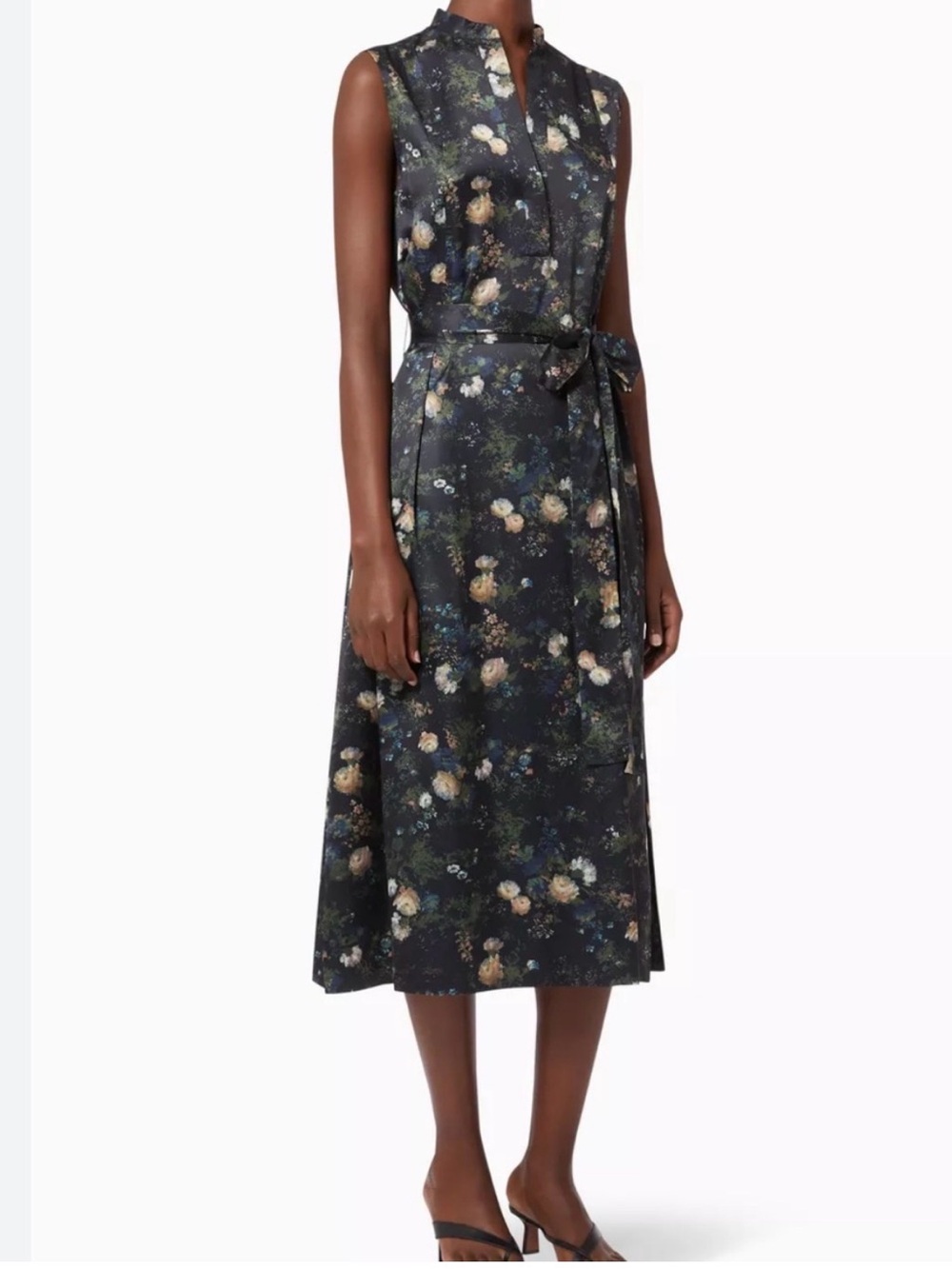 Vince Black Floral Sleeveless Belted Midi Dress